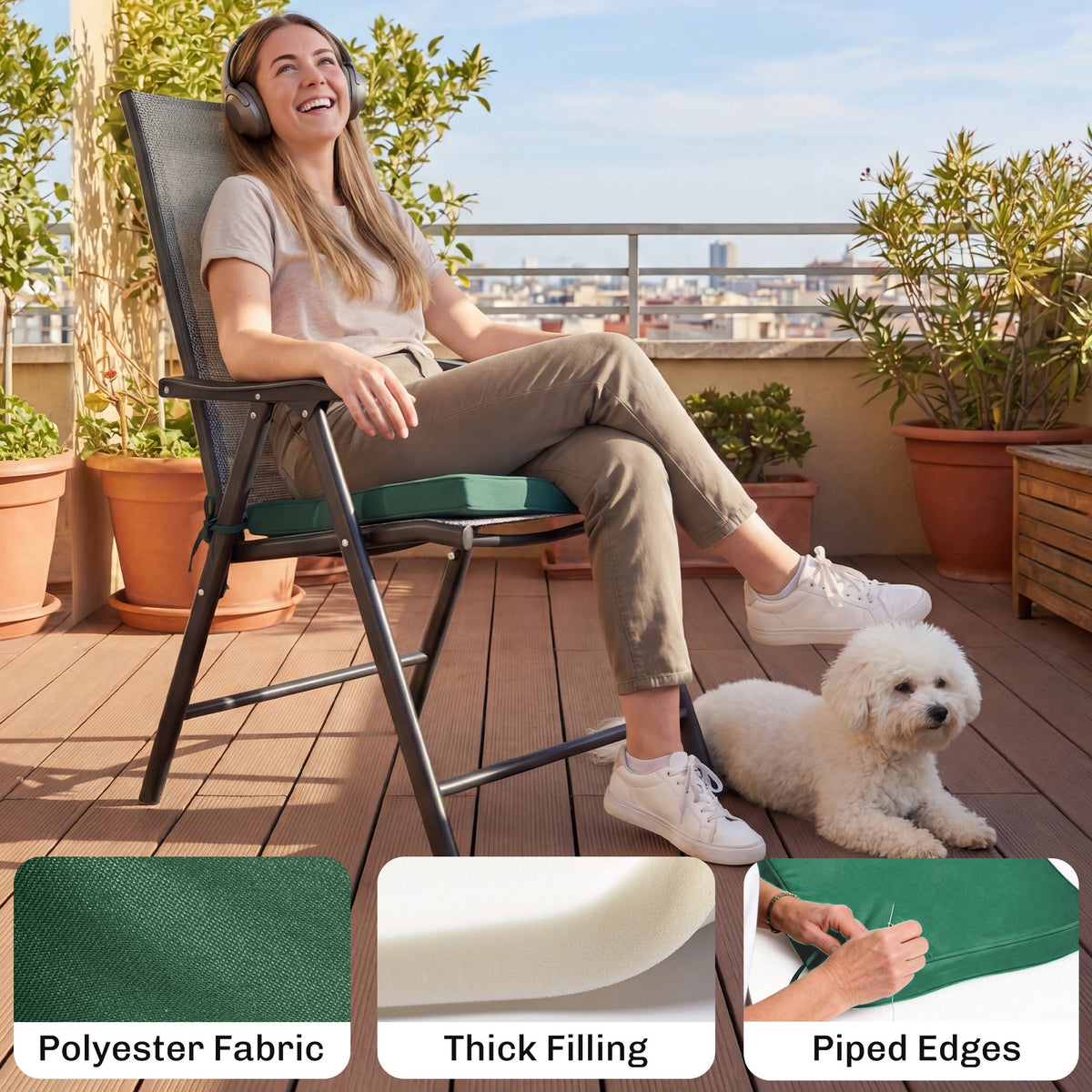 Set of 6 Chair Cushion Seat Pads with Straps, Green — product view 6