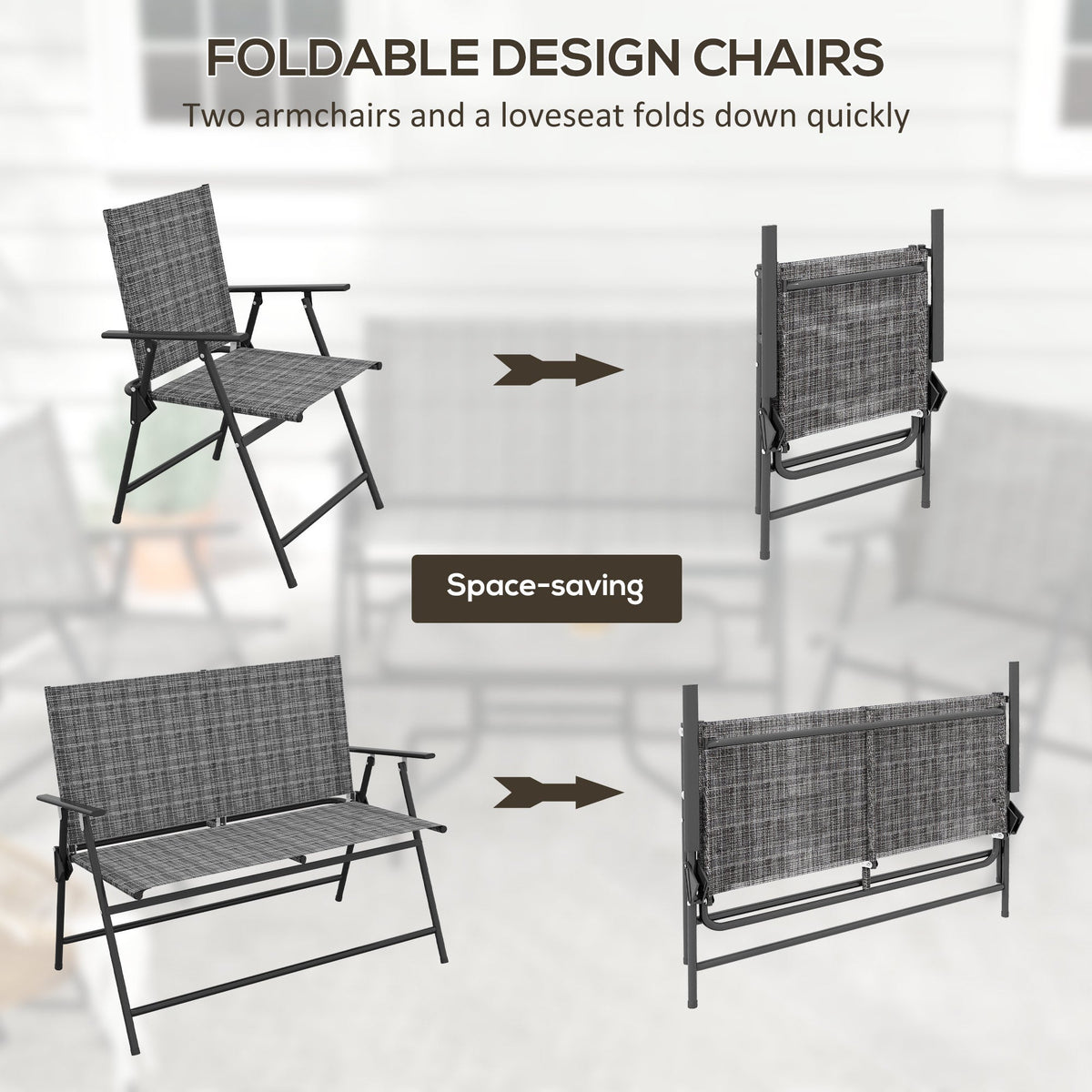 4 Piece Patio Furniture Set with Foldable Chairs & Glass Top Table, Mixed Grey — product view 7