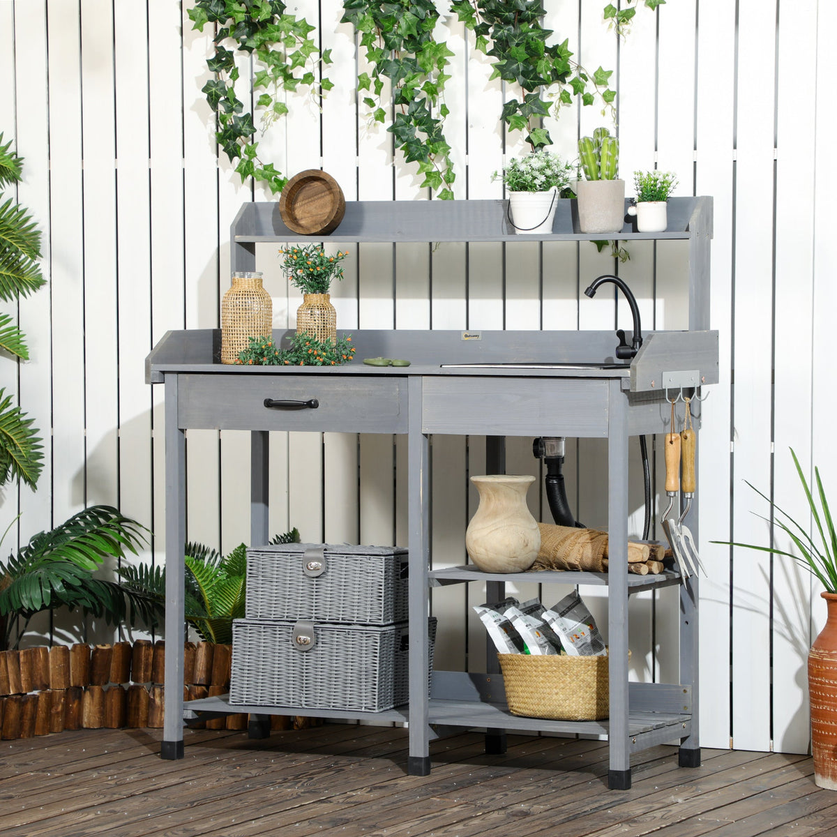 Potting Bench Table with Drawer, Removable Sink, Shelves and Hooks — product view 3