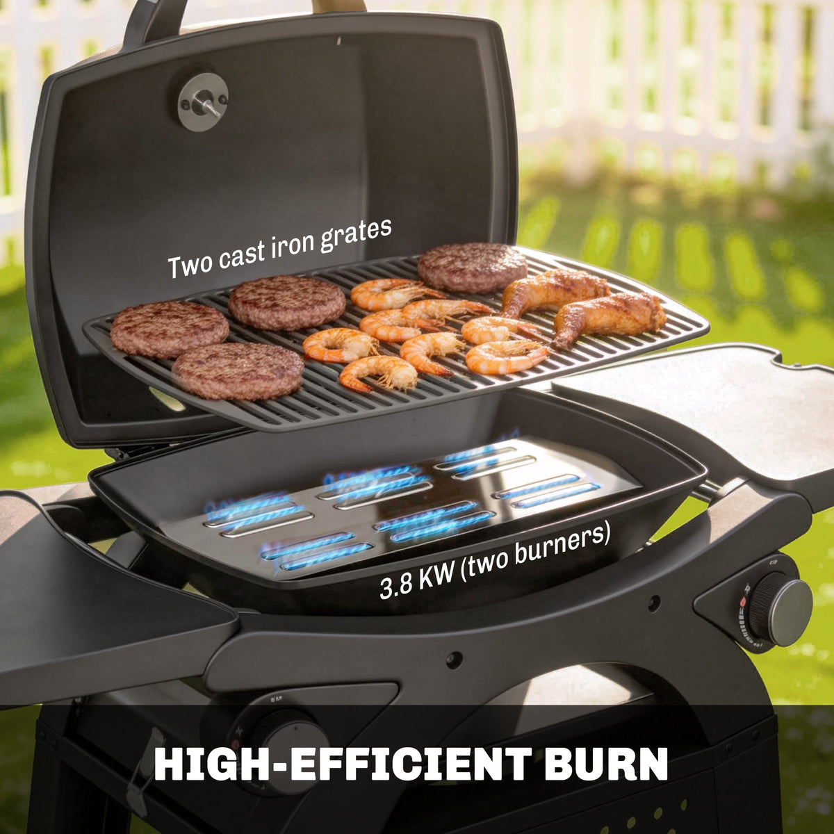 2 Burner Gas Grill with Wheels, Side Tables and Cast Iron Grates, Black — product view 7
