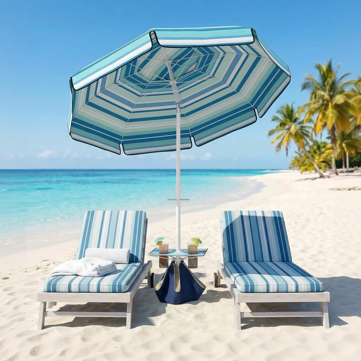 6 ft Portable Beach Umbrella with Foldable Table and Cup Holders, Dark Blue — product view 3