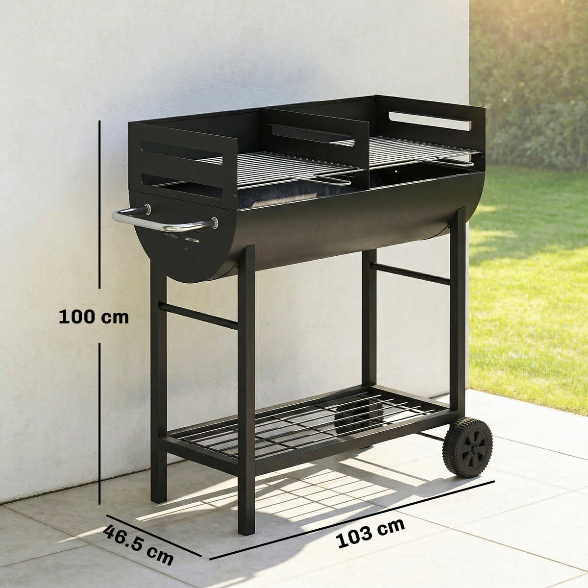 Charcoal BBQ Trolley, Metal 2-Zone Grill on Wheels, Adjustable Grates, Black — product view 5