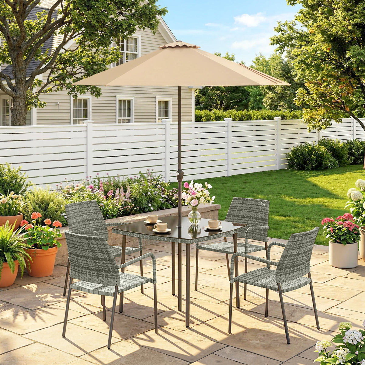 4-Person Rattan Dining Set with Tempered Glass & Tilting Parasol, Light Grey — product view 3