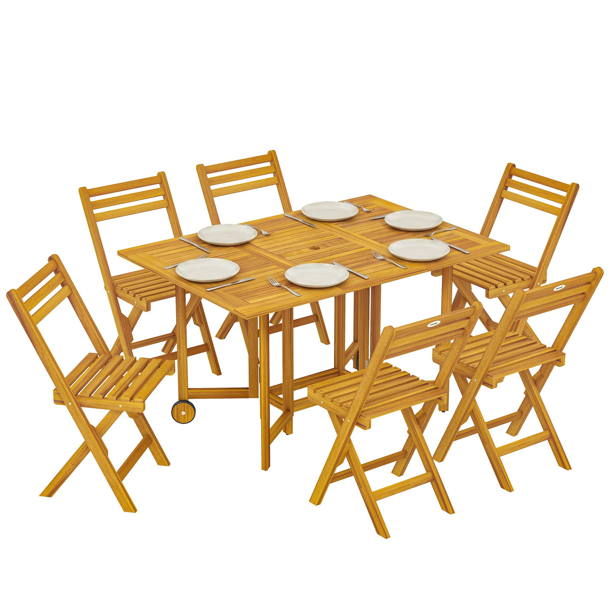 7-Piece Extending Acacia Dining Set with 6 Folding Chairs & Umbrella, Natural — product view 1