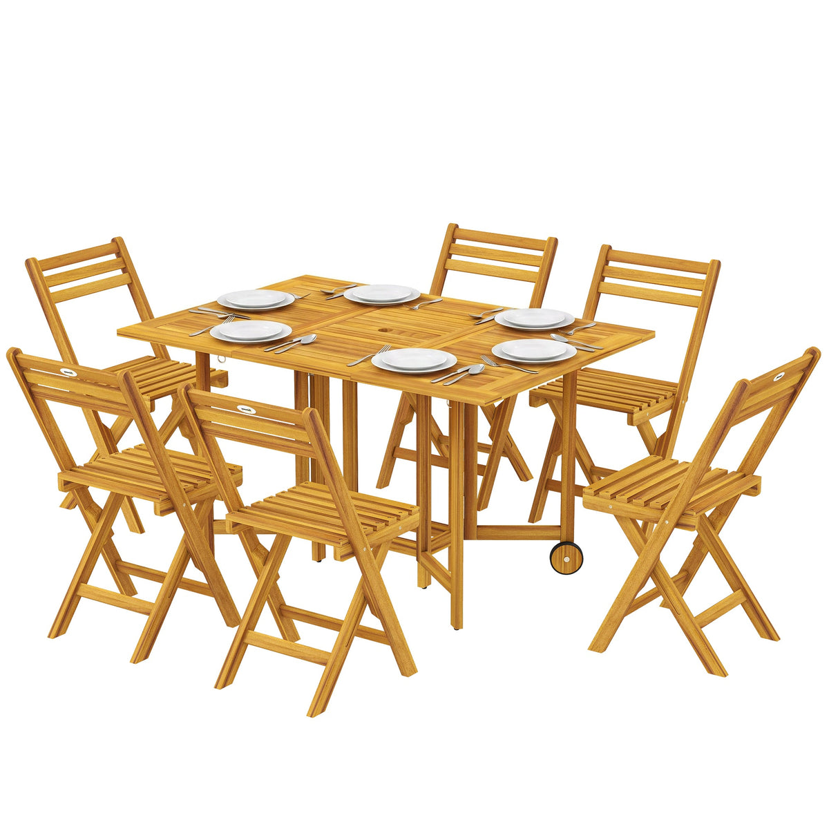 7-Piece Extending Acacia Dining Set with 6 Folding Chairs & Umbrella, Natural — product view 2