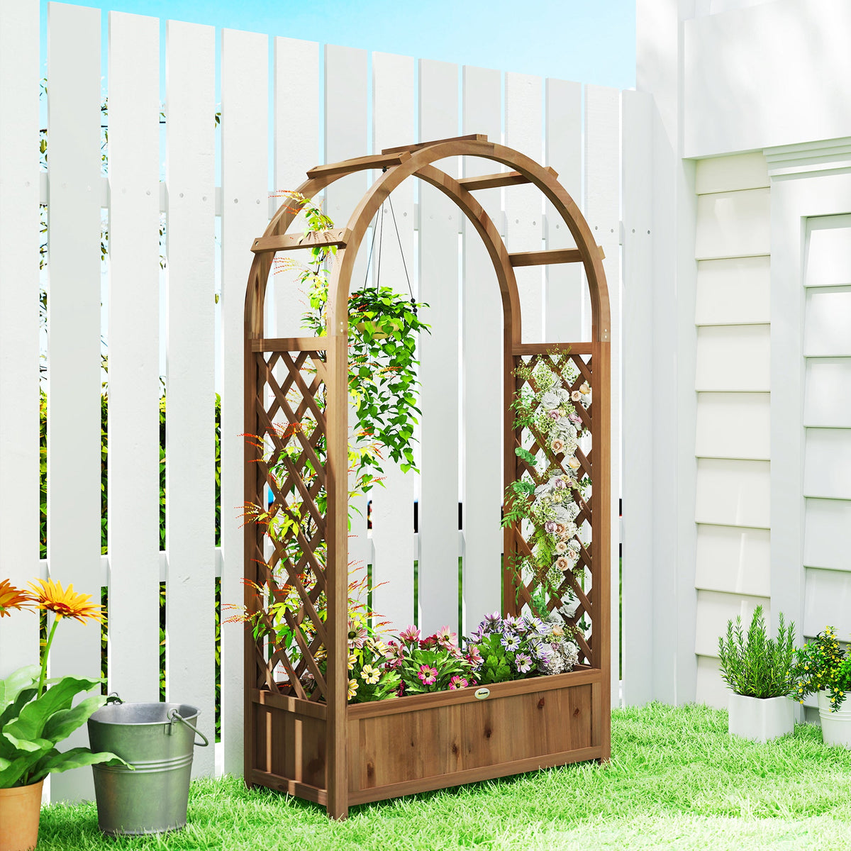 59.8" Raised Garden Bed with Arch Trellis for Climbing Plants, Dark Brown — product view 4