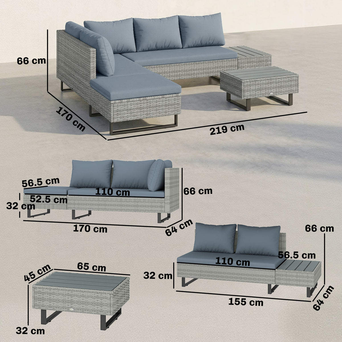 5-Seater Rattan Corner Sofa with Adjustable Backs, Table & Cushions, Grey — product view 5