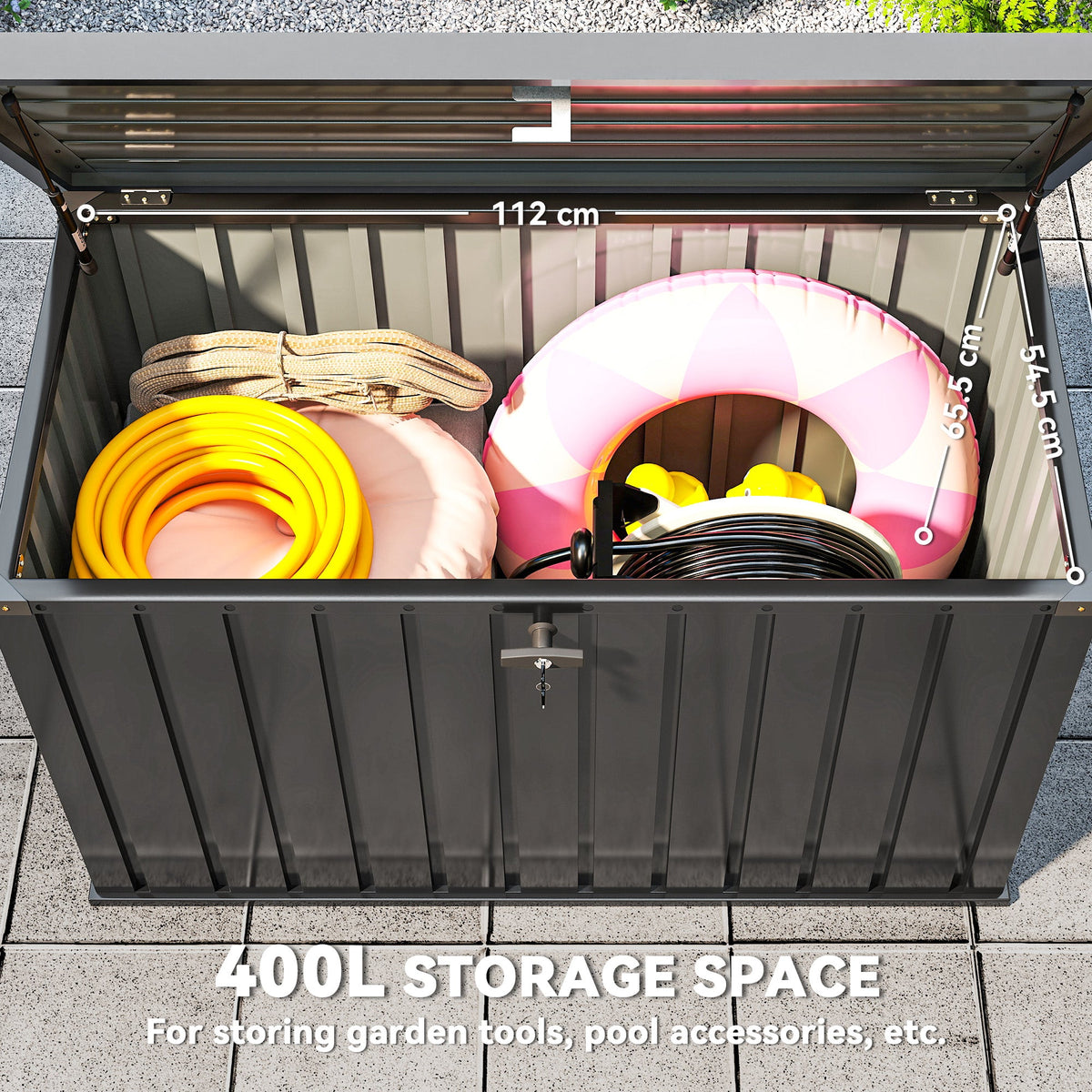 400L Metal Garden Storage Box with Lockable Lid, 124 x 66 x 72 cm, Black — product view 6