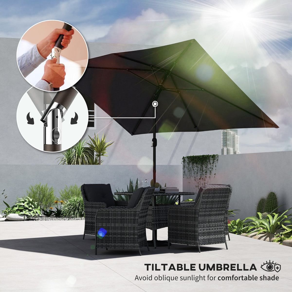 3 x 2 m Garden Parasol with Crank Handle and Tilt Function, Black — product view 6