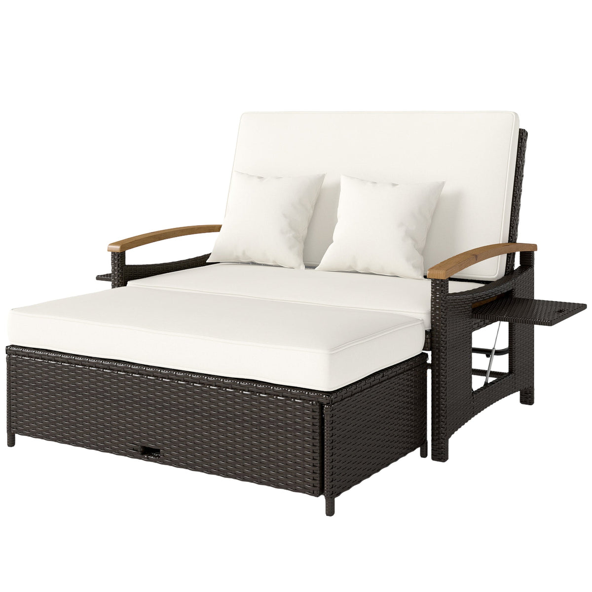 Rattan Daybed with Adjustable Backrest, Storage Ottoman, Beige — product view 2