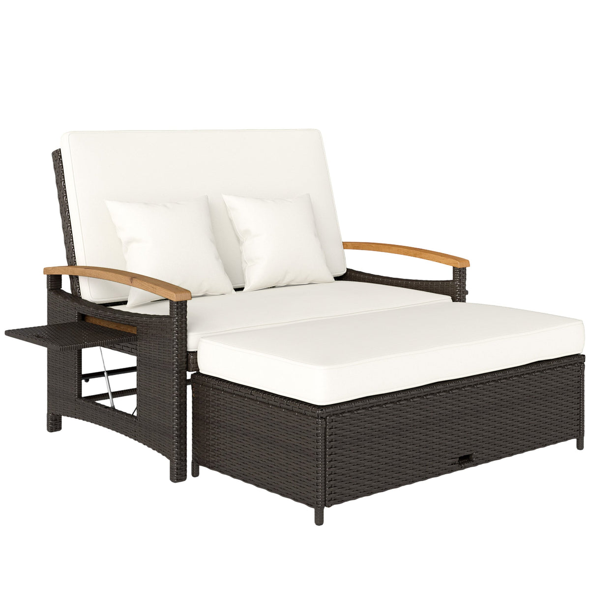 Rattan Daybed with Adjustable Backrest, Storage Ottoman, Beige — product view 1
