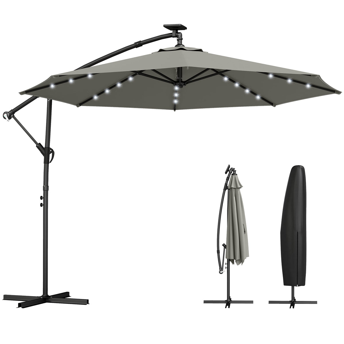 9.7 ft Cantilever Patio Umbrella with Solar LED Light and Cover, Grey — product view 2