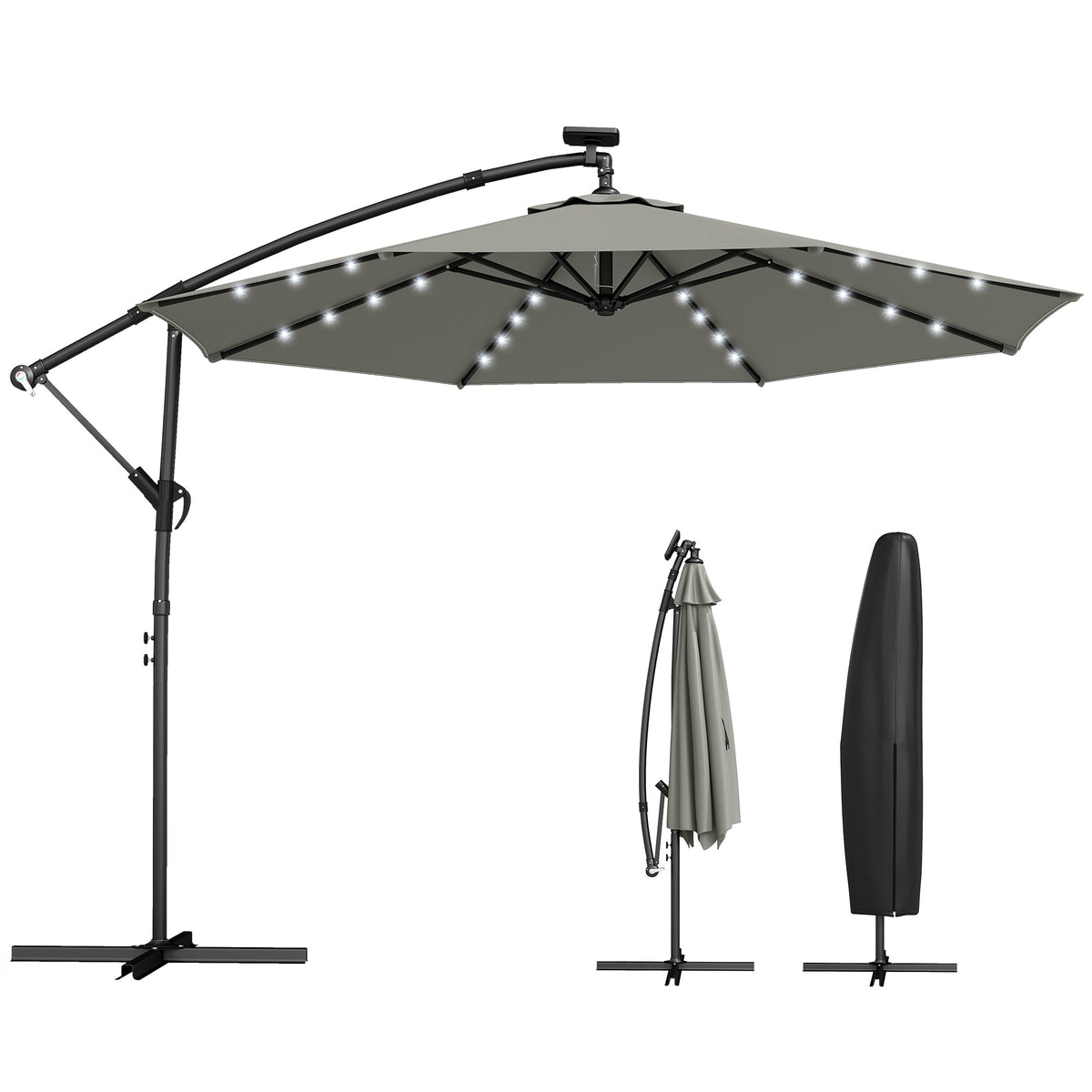 9.7 ft Cantilever Patio Umbrella with Solar LED Light and Cover, Grey — product view 1