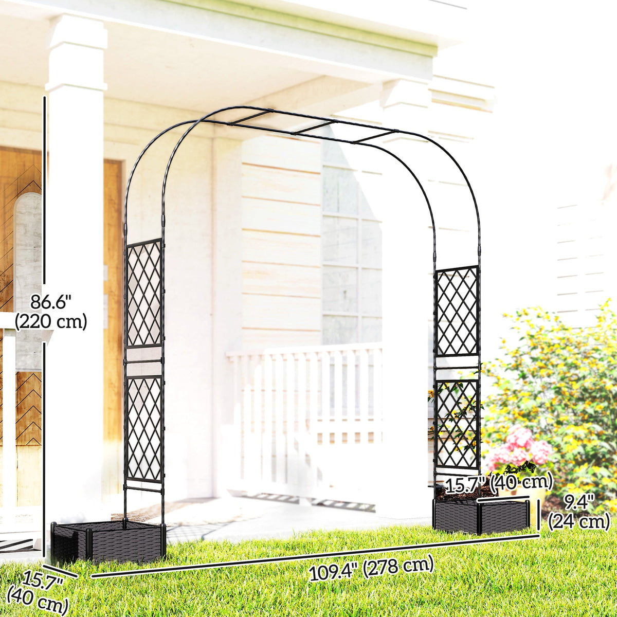 7.2ft Garden Arch with 2 Planter Boxes for Climbing Plants, Black — product view 5