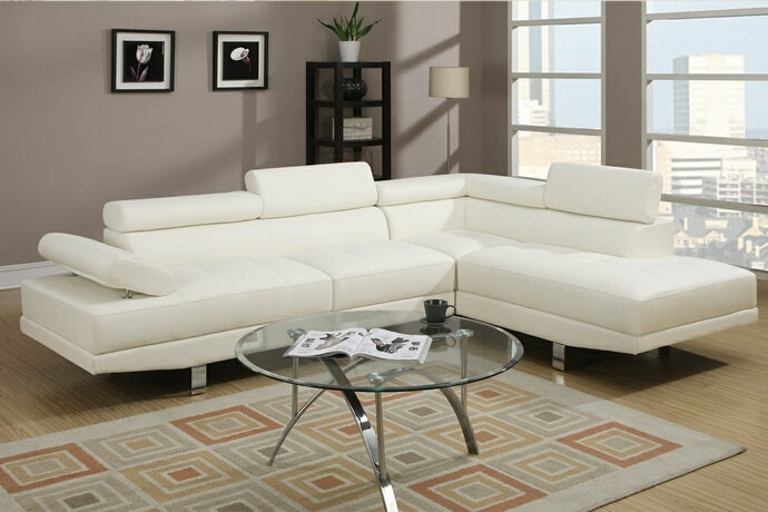 White Faux Leather Modern Sectional Sofa with Adjustable Headrests & Chrome Legs – F7320 — product view 1