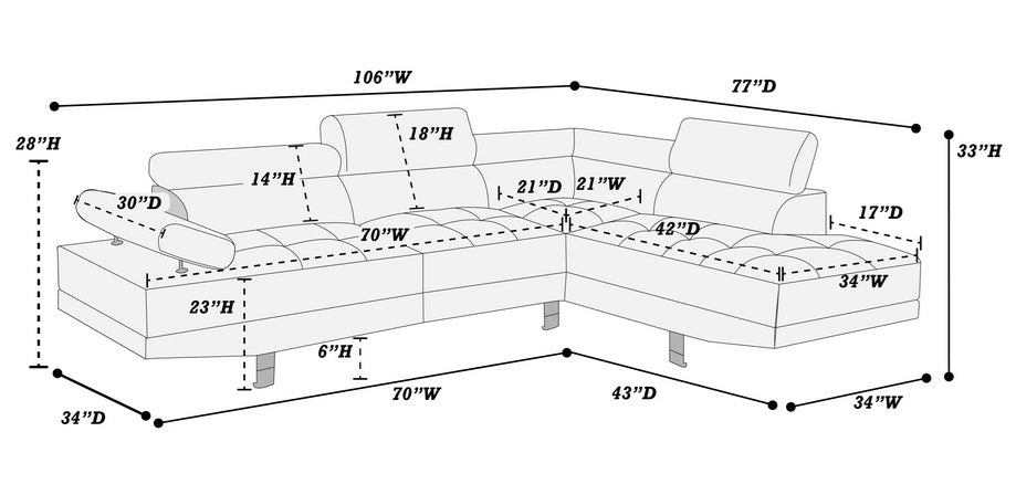 White Faux Leather Modern Sectional Sofa with Adjustable Headrests & Chrome Legs – F7320 — product view 2