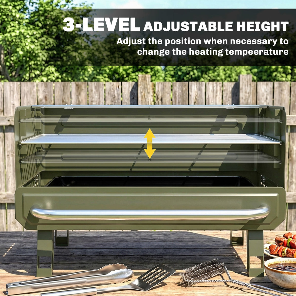 Portable Charcoal BBQ Grill with Adjustable Grates and Side Shelf, Green — product view 7