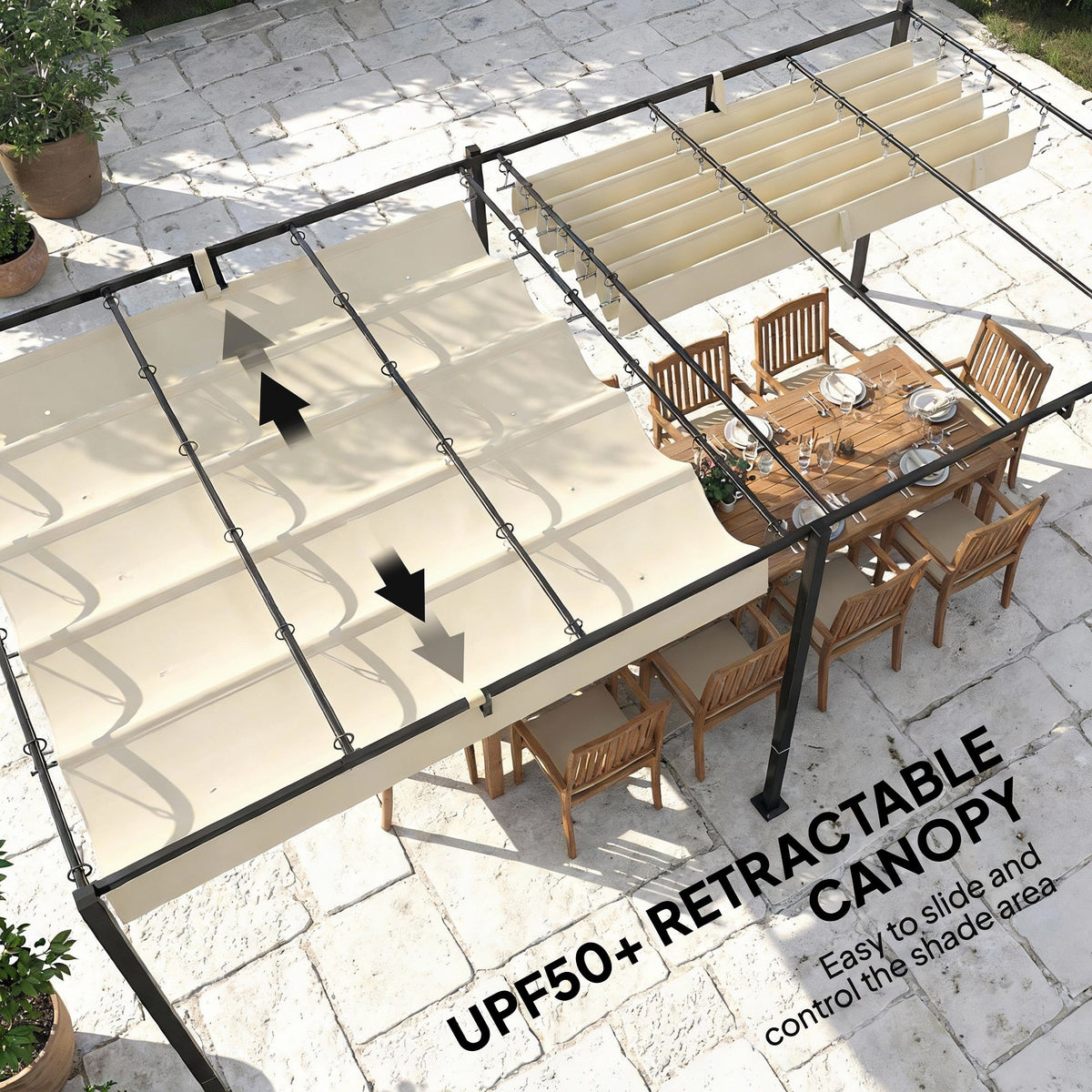 19' x 10' Pergola with Retractable Canopy, Cream White — product view 7