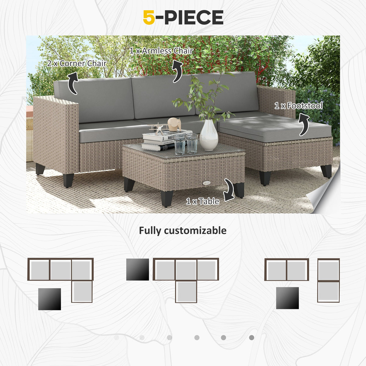 5 Piece PE Rattan Garden Furniture Set with Corner Sofa & Glass Table, Brown — product view 6