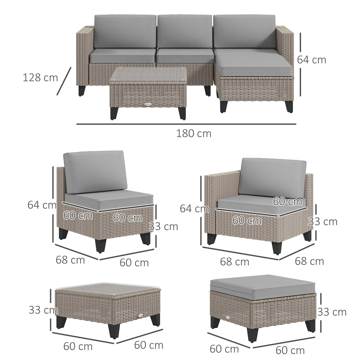 5 Piece PE Rattan Garden Furniture Set with Corner Sofa & Glass Table, Brown — product view 5
