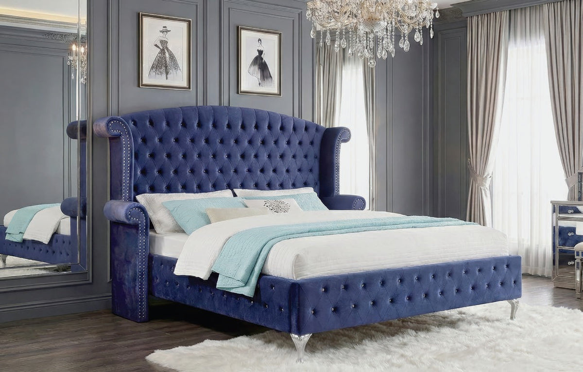 Zohar Blue Velvet Tufted Wingback design Queen Bed Set with Nailhead Trim – CM7150BL — product view 1