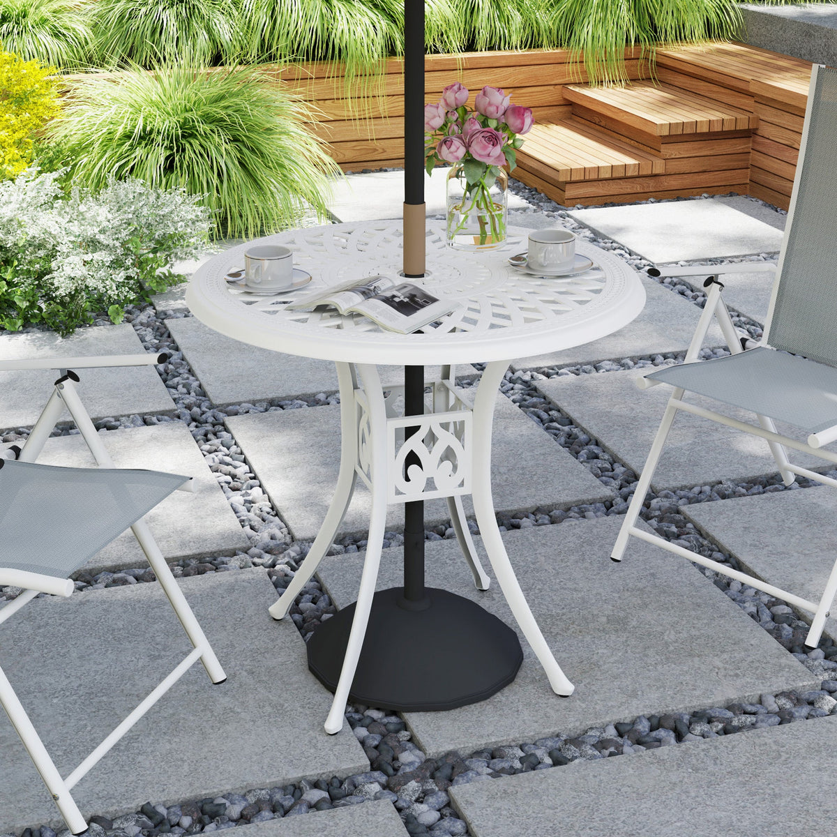 30-inch Round Patio Dining Table with Umbrella Hole Cast Aluminium Outdoor Bistro Table Only, White — product view 3