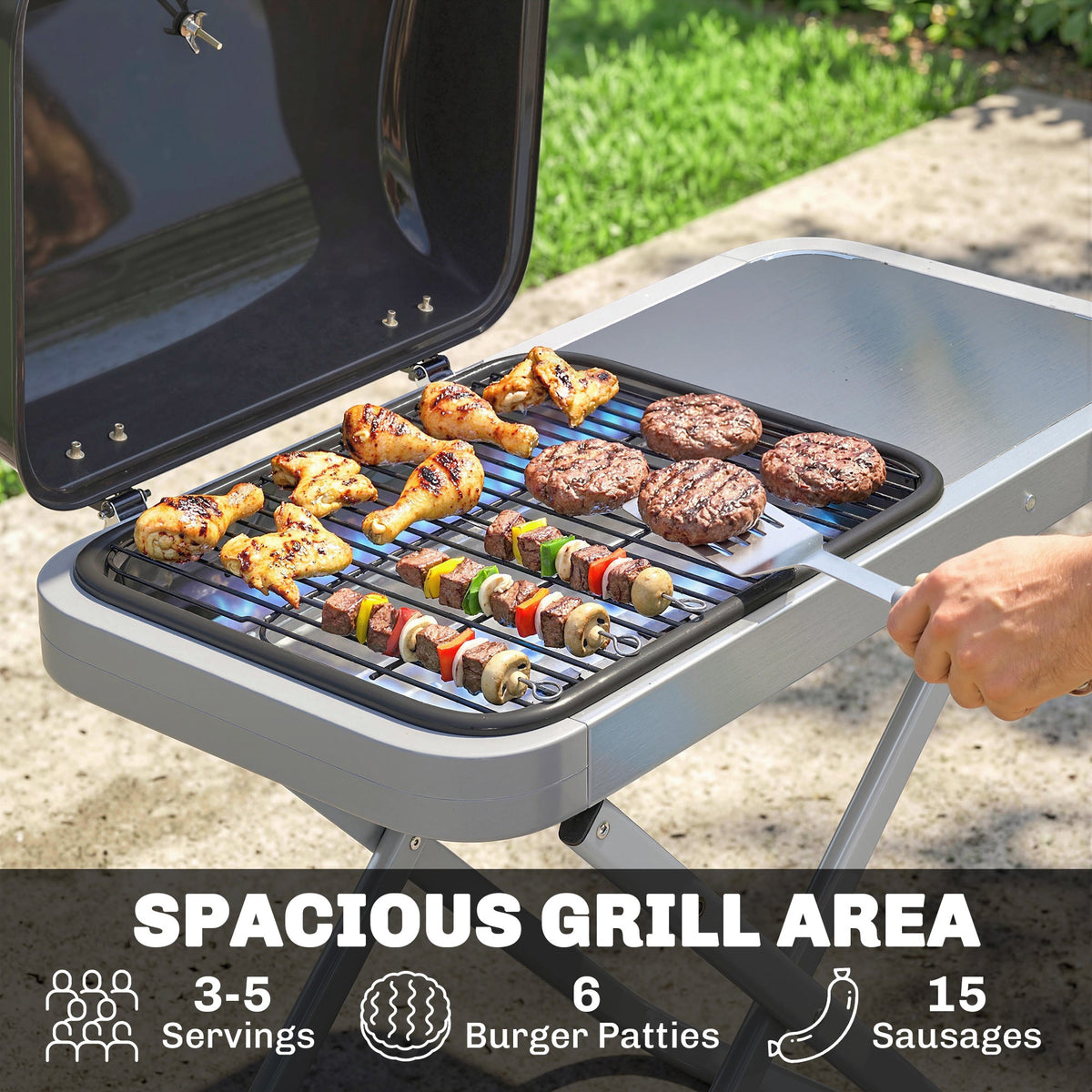 Foldable Gas BBQ Grill with Side Table & Trolley, Grease Box, 2.5 kW, Black — product view 7