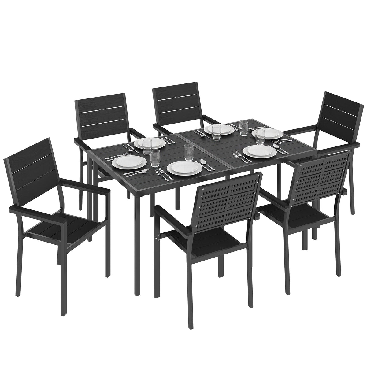 7-Piece Outdoor Dining Set with Slatted Tabletop and Metal Frame for 6, Black — product view 1