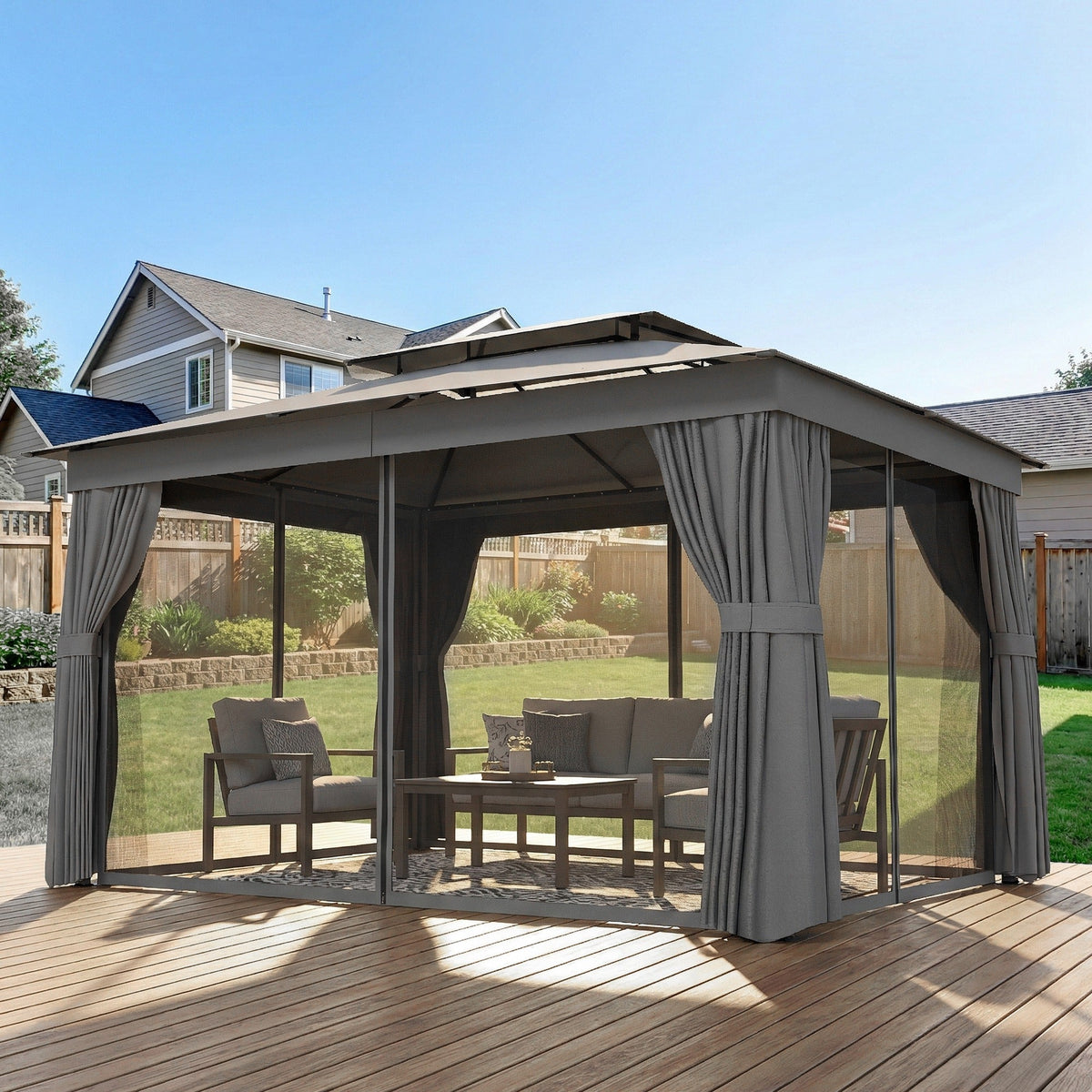 10' x 12.5' Outdoor Gazebo with Double Roof, Curtains and Netting, Dark Grey — product view 4