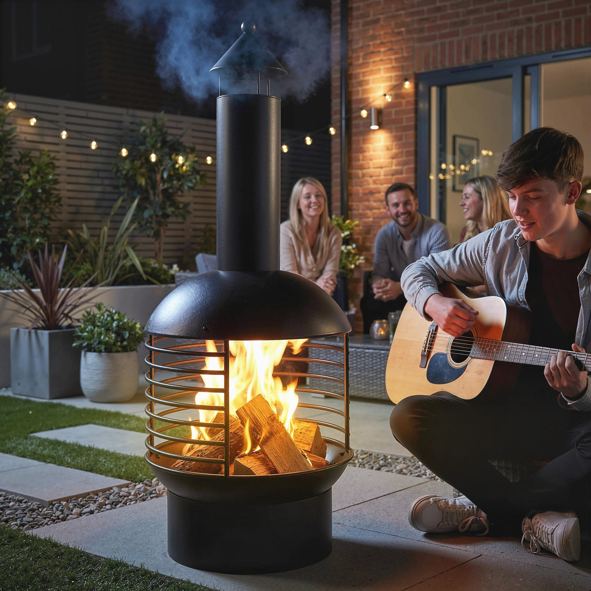 Chimney Fire Pit with Poker and Charcoal Grid, Black — product view 4