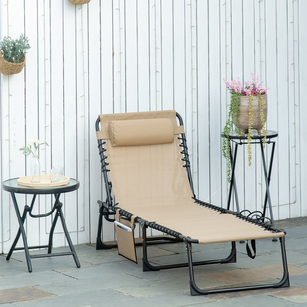 Folding Lounge Chair with Adjustable Backrest and Pillow, Beige — product view 3