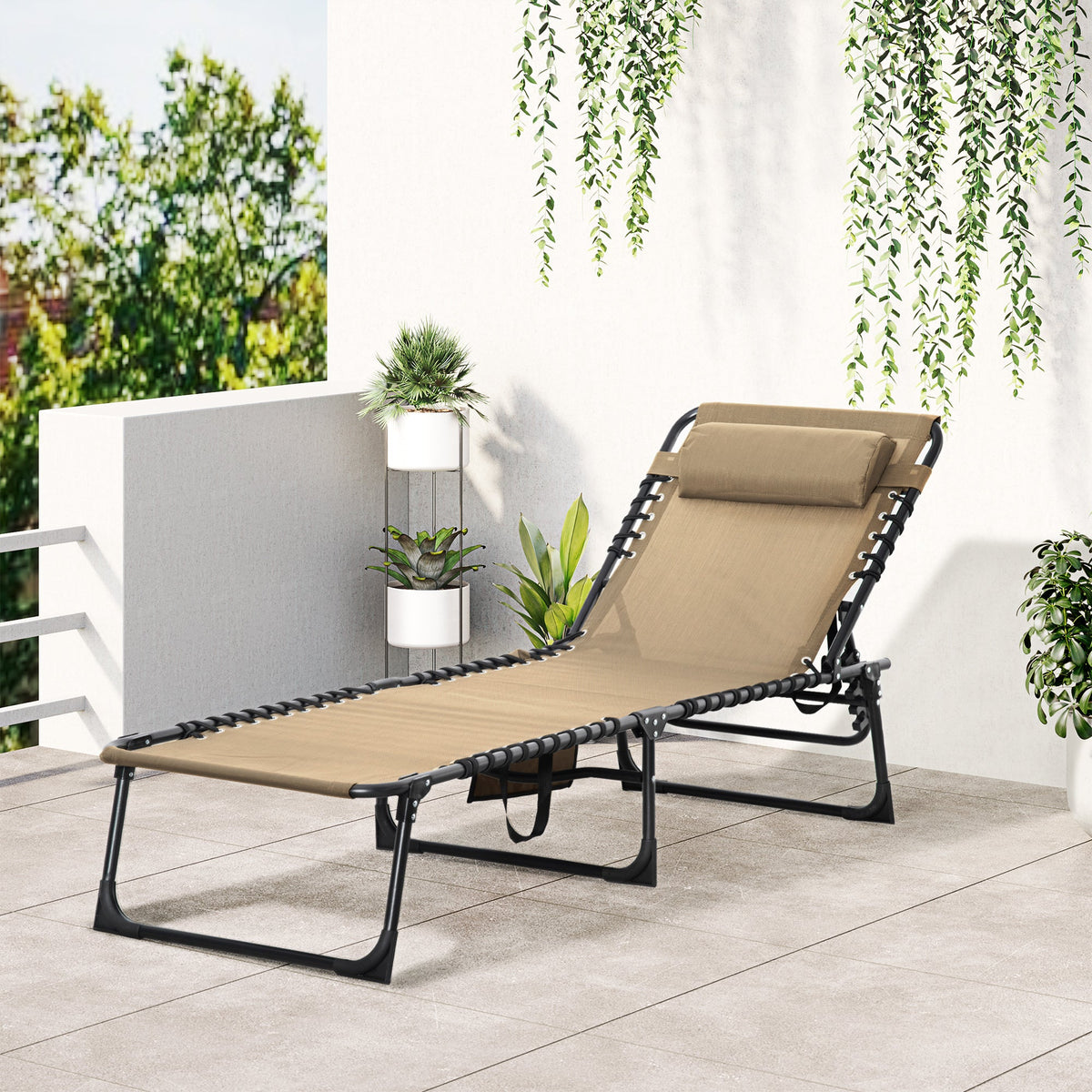 Folding Lounge Chair with Adjustable Backrest and Pillow, Beige — product view 4
