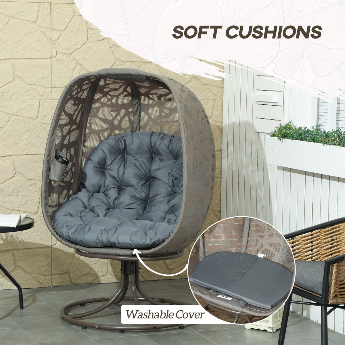 Swivel Egg Chair with Cushions & Foldable Basket Seat, Grey — product view 7