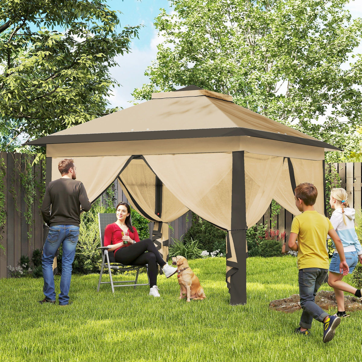 11' x 11' Pop Up Canopy with Double Roof and Mesh Sidewalls, Beige — product view 3