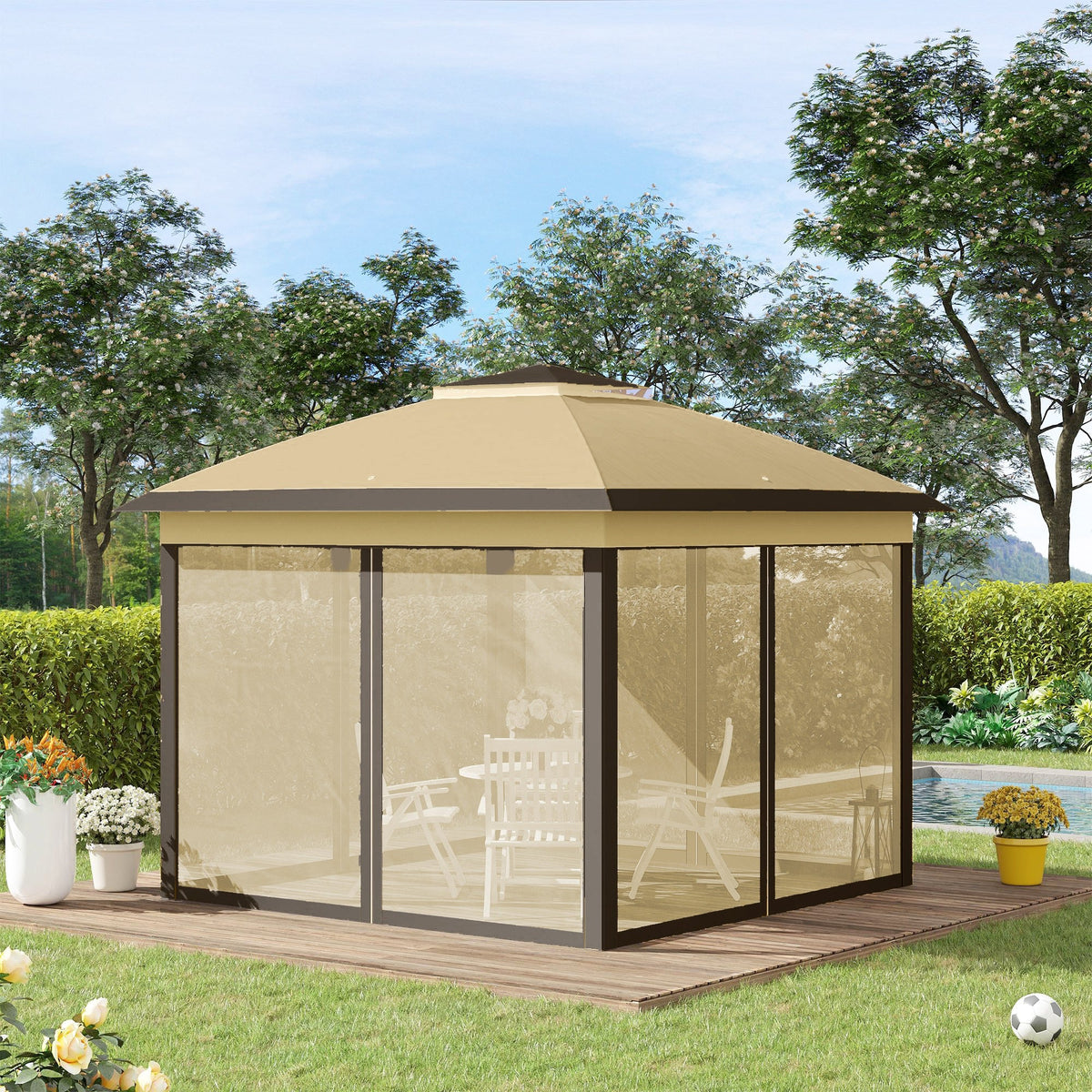 11' x 11' Pop Up Canopy with Double Roof and Mesh Sidewalls, Beige — product view 4