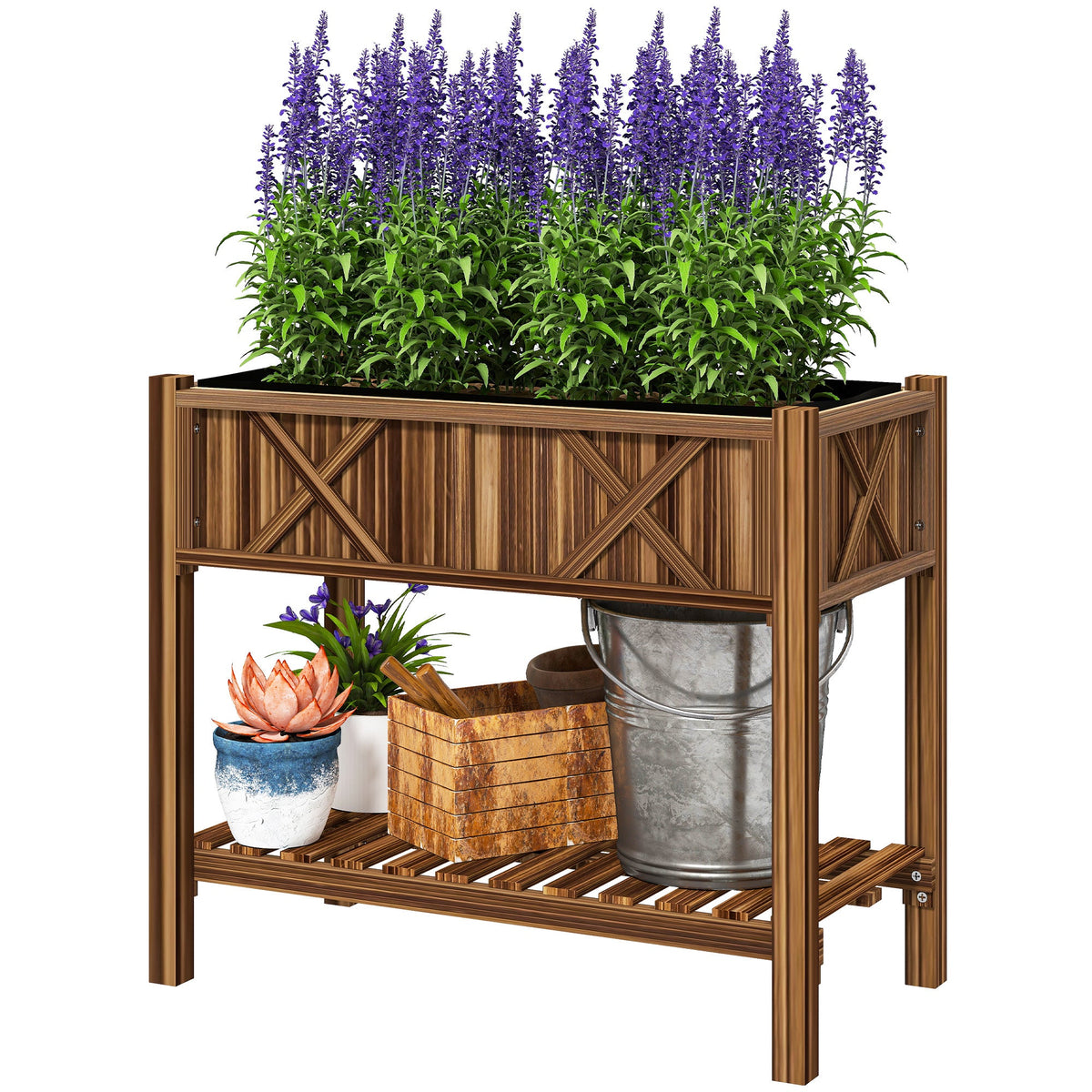 34" x 18" x 30" Wooden Raised Garden Bed with Shelf, Carbonized — product view 2