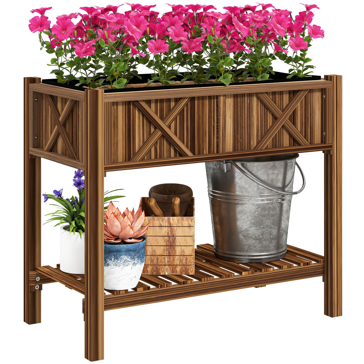 34" x 18" x 30" Wooden Raised Garden Bed with Shelf, Carbonized — product view 1