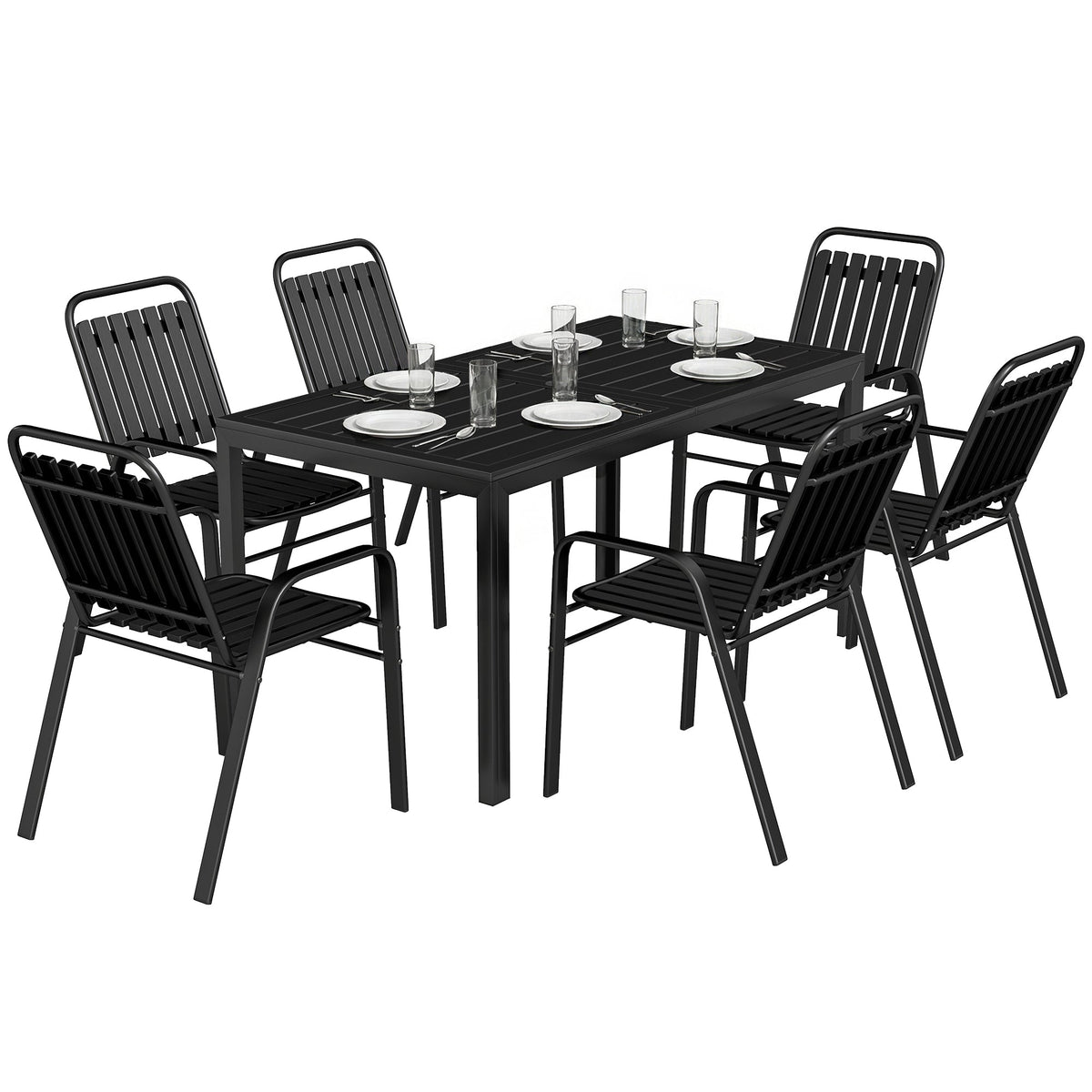7 Piece Garden Dining Set with Stackable Chairs and Umbrella Hole, Black — product view 2