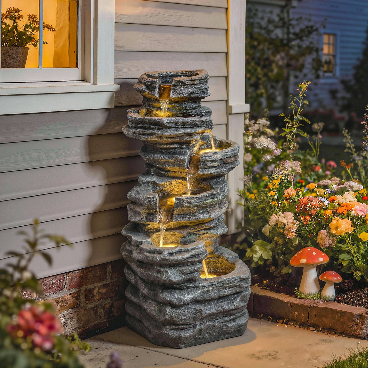 6-Tier Resin Rock Garden Fountain with Cascading Waterfall and LED Lights, Grey — product view 4