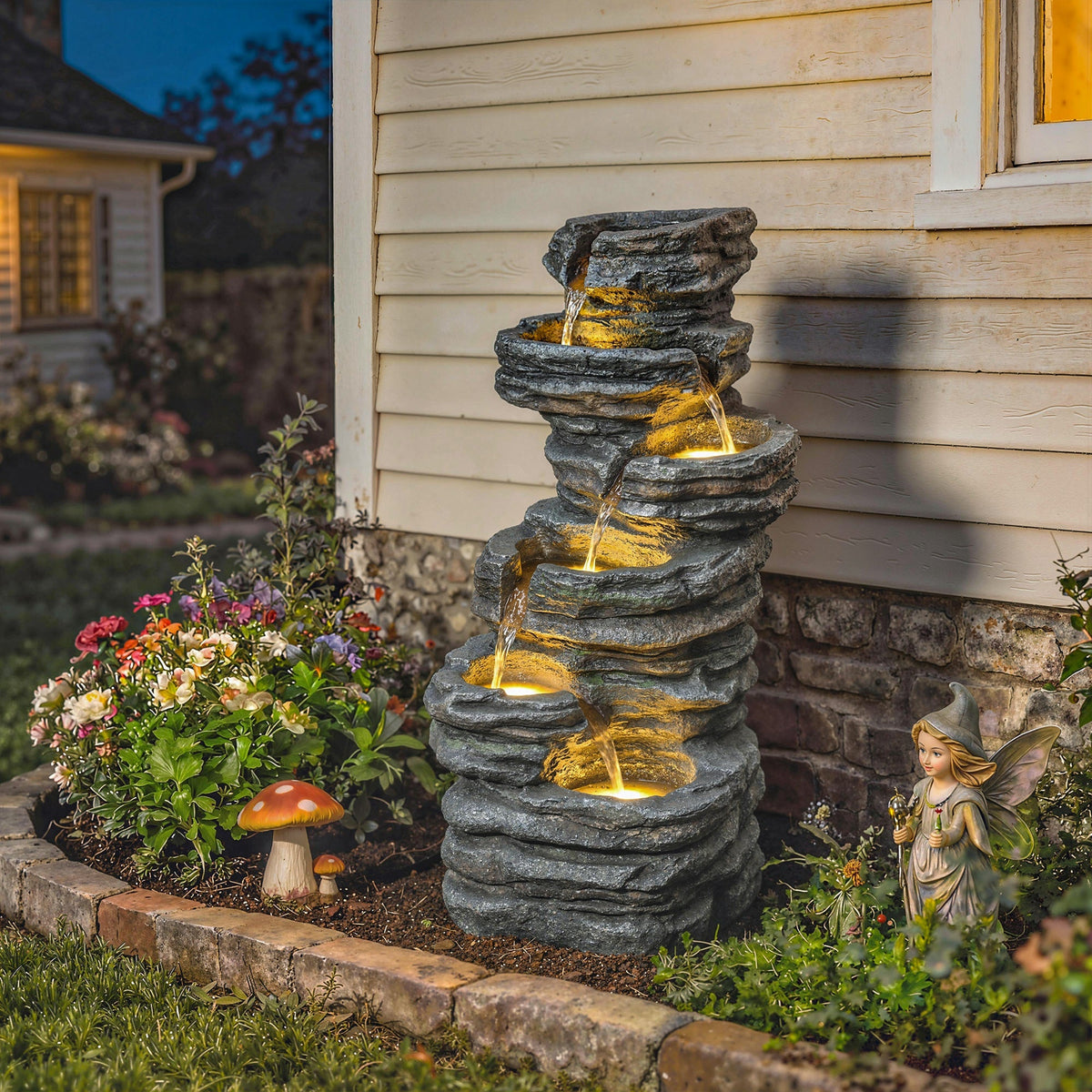 6-Tier Resin Rock Garden Fountain with Cascading Waterfall and LED Lights, Grey — product view 3