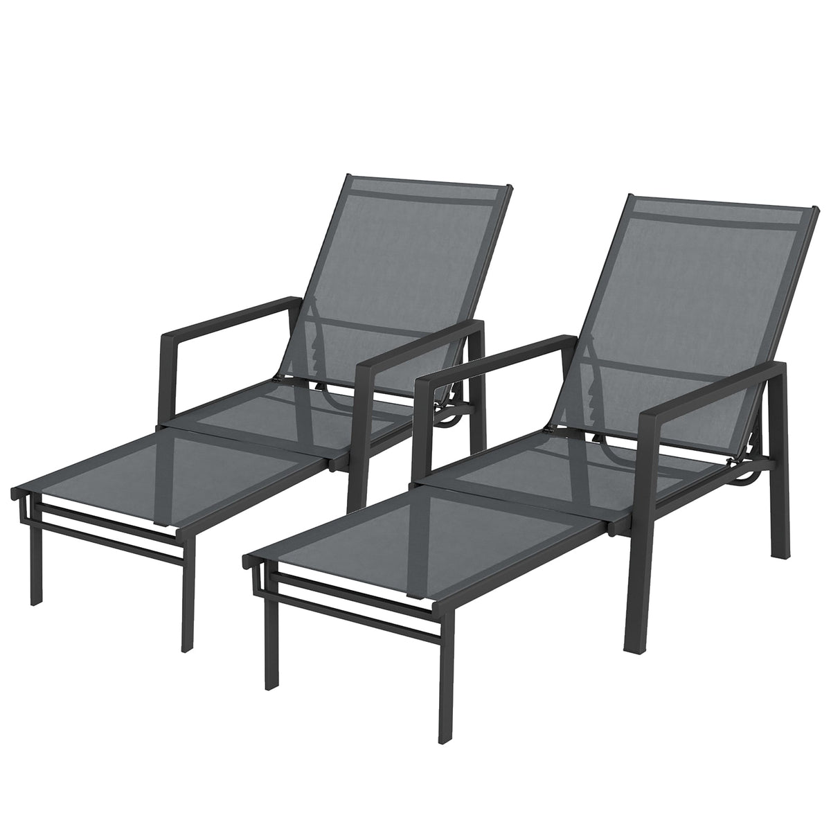 Set of 2 Sun Loungers, 5-Position Recline with Retractable Footrests, Dark Grey — product view 2