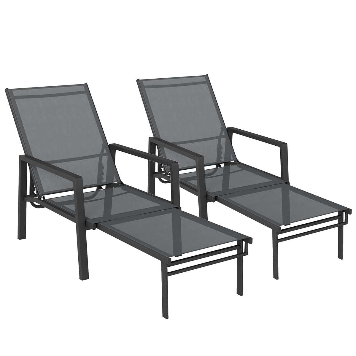 Set of 2 Sun Loungers, 5-Position Recline with Retractable Footrests, Dark Grey — product view 1