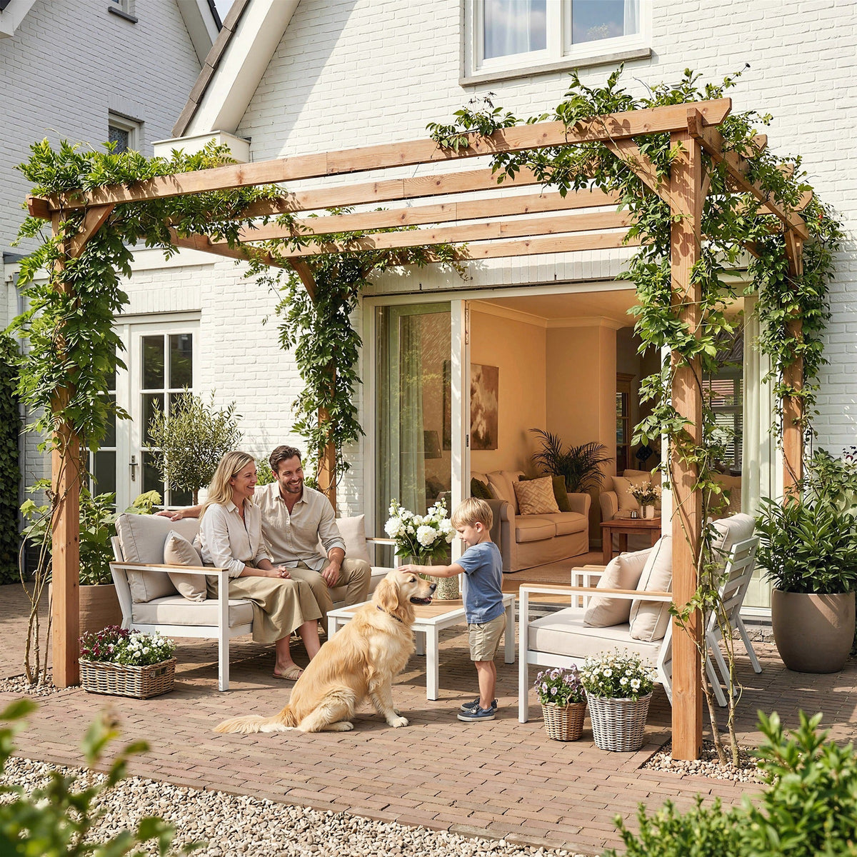 PerArbor 3 x 3 m Wooden Pergola Kit with Triangle Supports, 5 Crossing Beams, Maple Wood-effect — product view 3