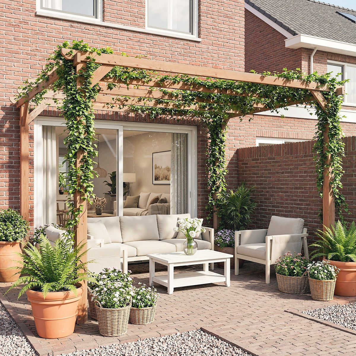 PerArbor 3 x 3 m Wooden Pergola Kit with Triangle Supports, 5 Crossing Beams, Maple Wood-effect — product view 4