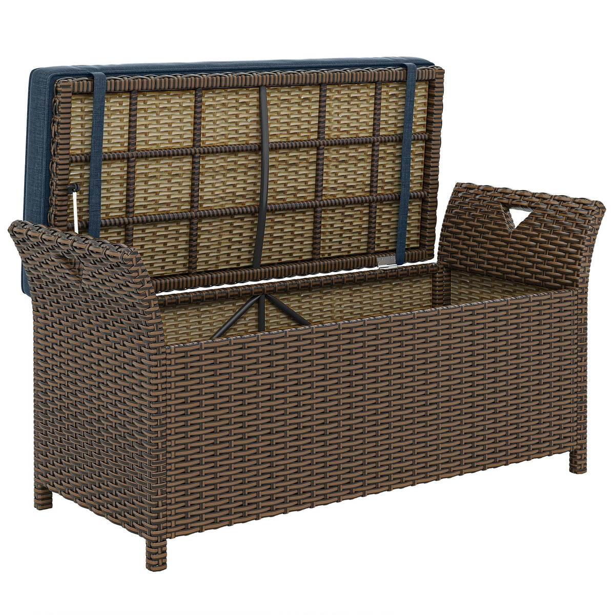 2-in-1 Patio Wicker Storage Bench, 29 Gallon with Cushion, Navy Blue — product view 1