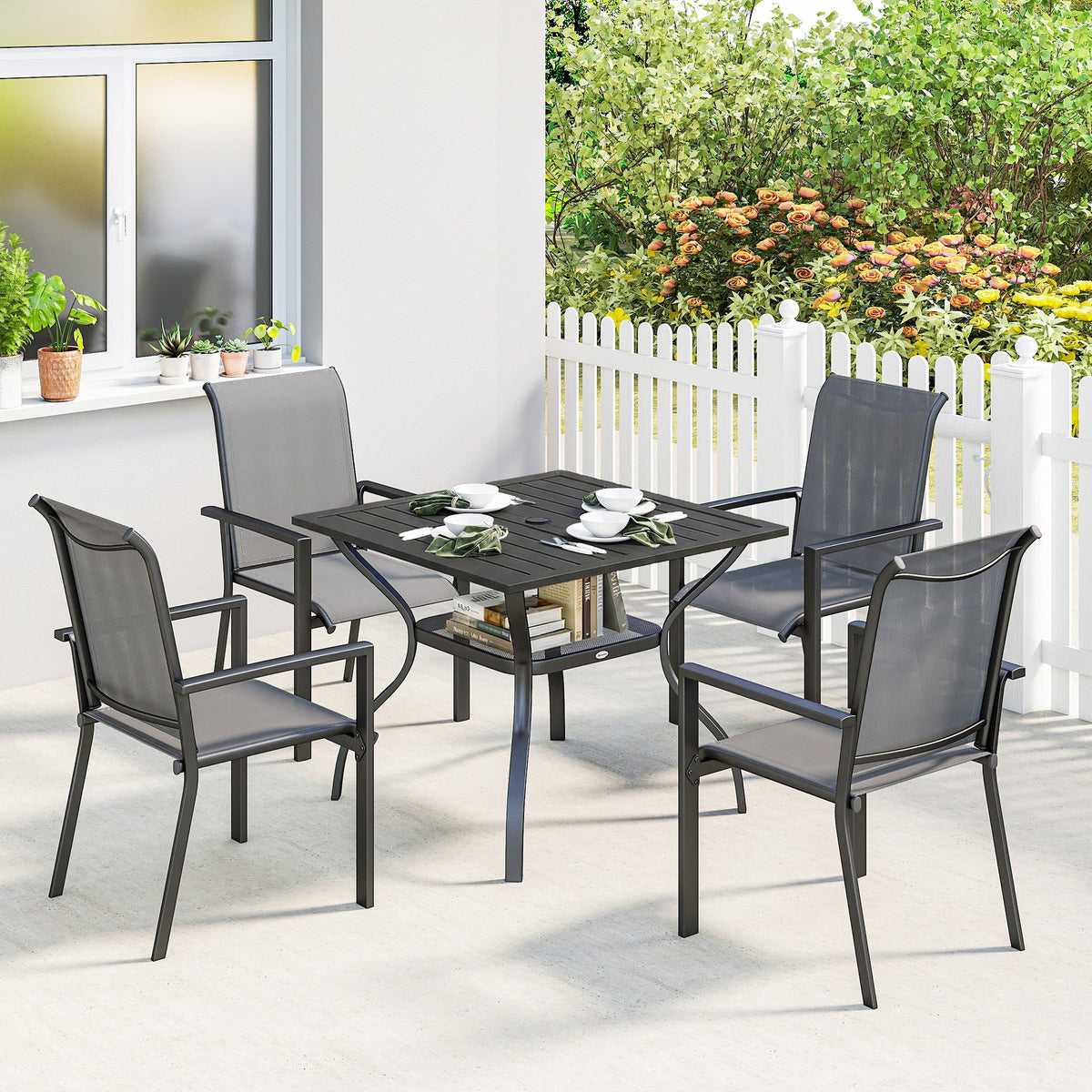5 Piece Garden Dining Set with Stackable Chairs and Parasol Hole, Dark Grey — product view 3