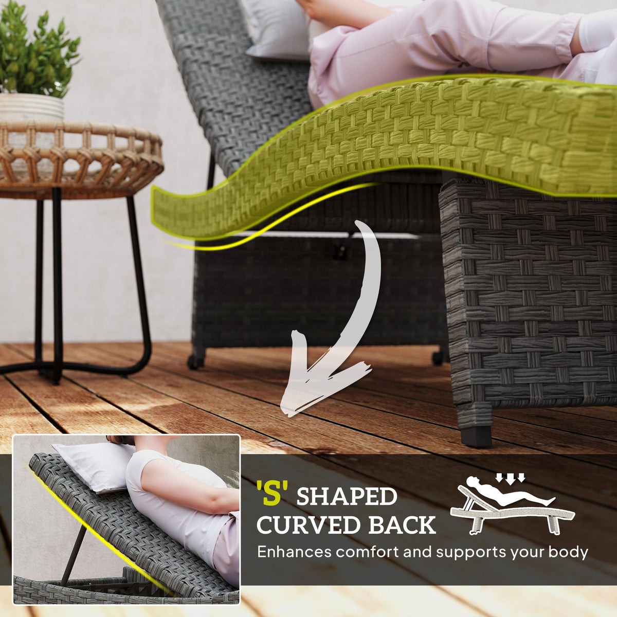 Folding PE Rattan Sun Lounger with Wheels & Adjustable Backrest, Mixed Grey — product view 6