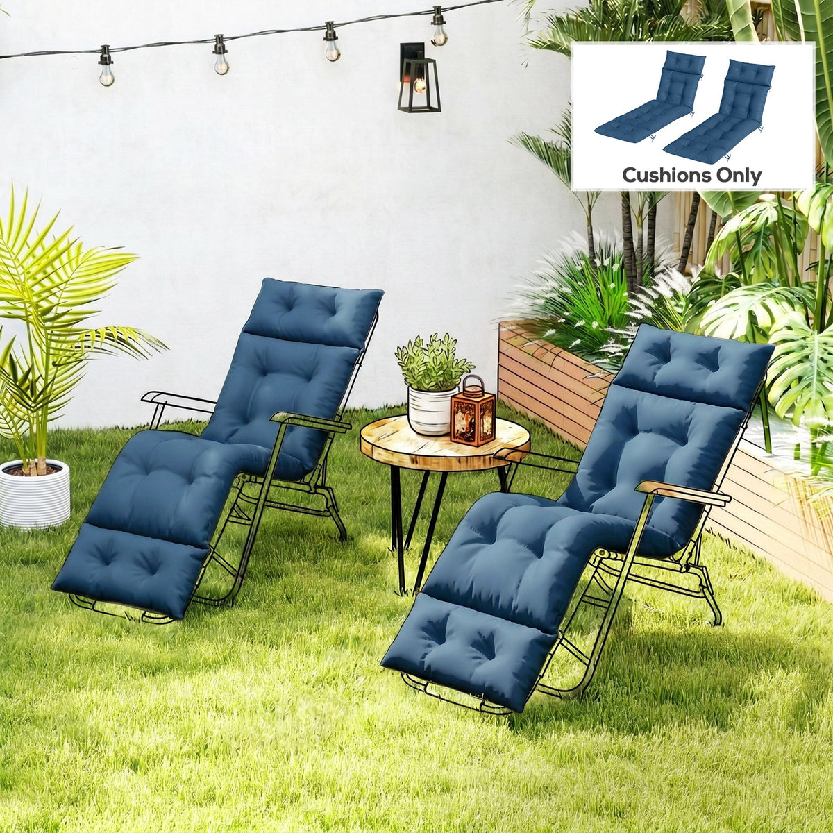 190x56x10cm Sun Lounger Cushions Set of 2 with 6 Ties, Thick 220gsm, Navy Blue — product view 3