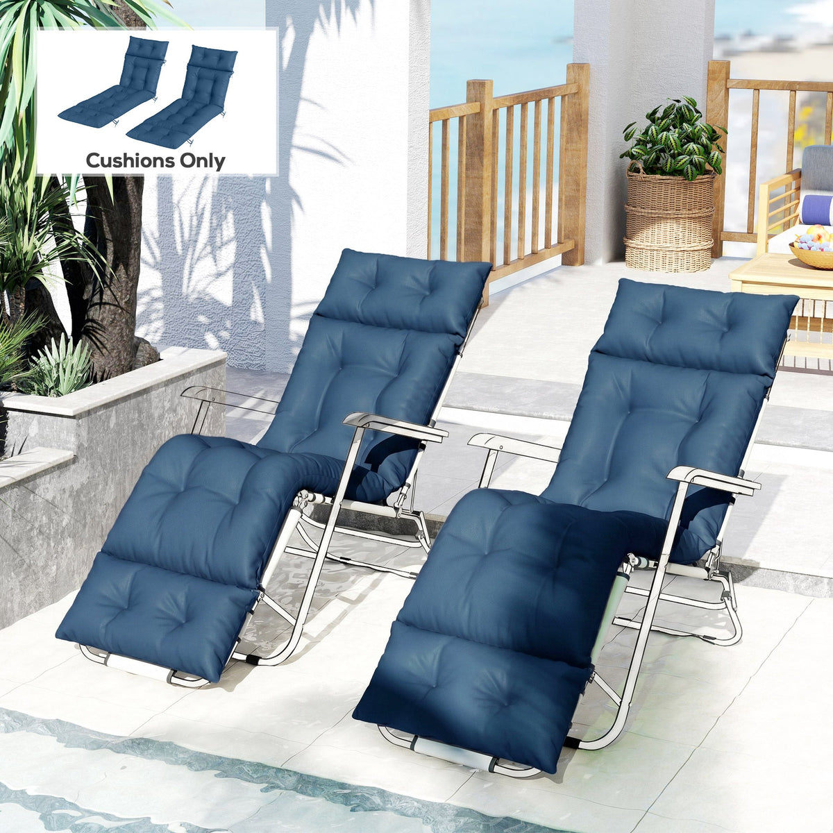 190x56x10cm Sun Lounger Cushions Set of 2 with 6 Ties, Thick 220gsm, Navy Blue — product view 4