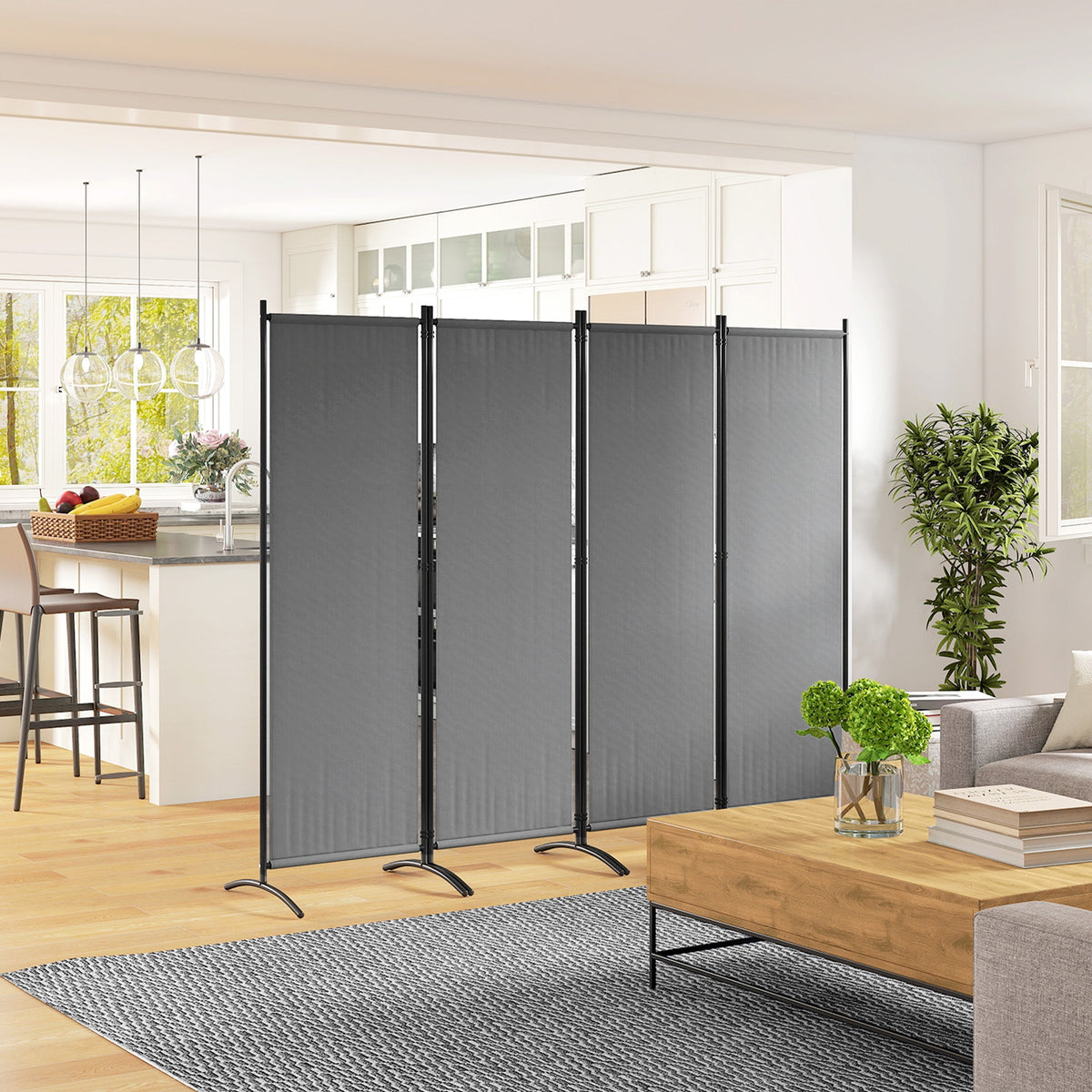 4 Panel Folding Room Divider with Wide Feet, Dark Grey — product view 4